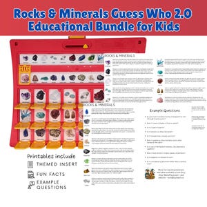 Pode incluir: Um jogo educativo vermelho intitulado "Rocks & Minerals Guess Who 2.0" com uma variedade de rochas e minerais coloridos. O jogo inclui um encarte temático, fatos divertidos e exemplos de perguntas para crianças.