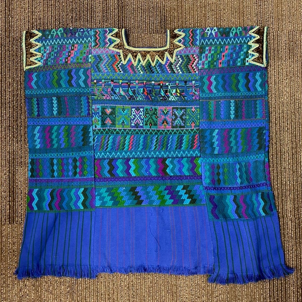 Vintage Handwoven Guatemalan Huipil, Bright Blue & Purple Santa Catrina Palopo