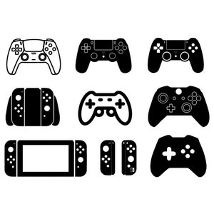 May include: A set of black and white illustrations of different video game controllers. The illustrations include a PlayStation 5 controller, a Nintendo Switch controller, an Xbox controller, and a generic controller.