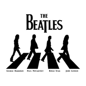 May include: Black and white silhouette image of the Beatles walking across a crosswalk. The text "THE BEATLES" is above the image. The names "George Harrison", "Paul McCartney", "Ringo Starr", and "John Lennon" are below the image.