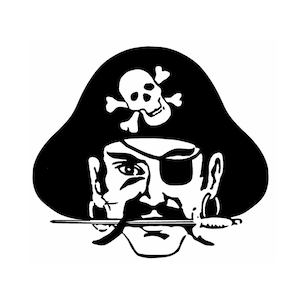 May include: Black and white illustration of a pirate with an eyepatch, a skull and crossbones on his hat, and a sword in his mouth.