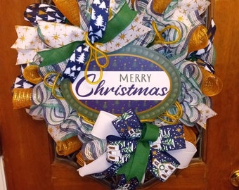 Front door wreath,Merry Christmas, hostess gift,blue wreath,green wreath,gold wreath,white wreath