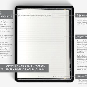 Pu&ograve; includere: Un diario digitale con bordo nero, aperto su una pagina a righe con suggerimenti. Il testo a sinistra descrive suggerimenti accuratamente curati per l'autoriflessione. Il lato destro evidenzia funzionalit&agrave; come la data delle voci e un semplice diario a righe. In basso si legge "Pagina di esempio di cosa aspettarsi su ogni pagina del tuo diario."