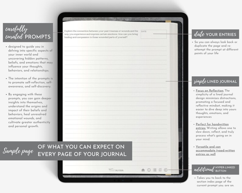 Pu&ograve; includere: Un diario digitale con bordo nero, aperto su una pagina a righe con suggerimenti. Il testo a sinistra descrive suggerimenti accuratamente curati per l'autoriflessione. Il lato destro evidenzia funzionalit&agrave; come la data delle voci e un semplice diario a righe. In basso si legge "Pagina di esempio di cosa aspettarsi su ogni pagina del tuo diario."