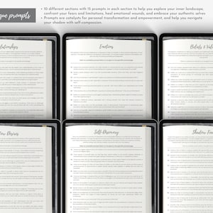 Pu&ograve; includere: Un diario digitale con 150 spunti unici suddivisi in 10 sezioni, visualizzato su un tablet. Le pagine mostrano testo su relazioni, emozioni, credenze e lavoro sull'ombra. Gli spunti sono pensati per l'autoriflessione e la crescita personale.
