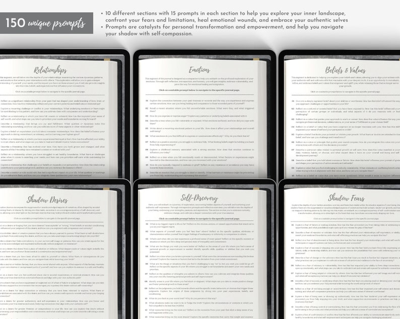 Pu&ograve; includere: Un diario digitale con 150 spunti unici suddivisi in 10 sezioni, visualizzato su un tablet. Le pagine mostrano testo su relazioni, emozioni, credenze e lavoro sull'ombra. Gli spunti sono pensati per l'autoriflessione e la crescita personale.