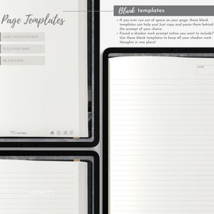 Pu&ograve; includere: Un taccuino digitale con modelli di pagine vuote. Il taccuino offre pagine a righe, pagine a righe a tutta pagina e pagine vuote. Il testo sull'immagine recita "Modelli di pagine vuote" e "Modelli vuoti".