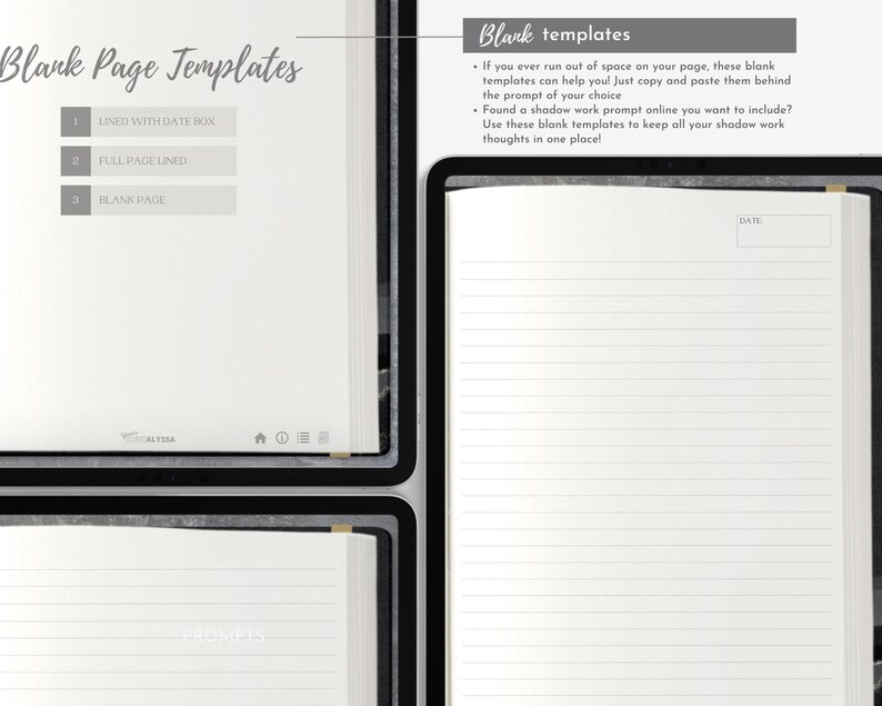 Pu&ograve; includere: Un taccuino digitale con modelli di pagine vuote. Il taccuino offre pagine a righe, pagine a righe a tutta pagina e pagine vuote. Il testo sull'immagine recita "Modelli di pagine vuote" e "Modelli vuoti".