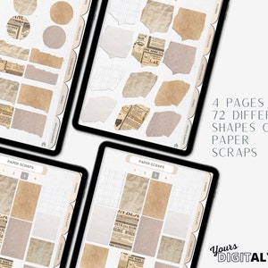May include: Four digital pages with 72 different shapes of paper scraps in brown and beige tones. The text "PAPER SCRAPS" is at the top of each page. The text "Yours DIGITALYSSA" is at the bottom of the image.
