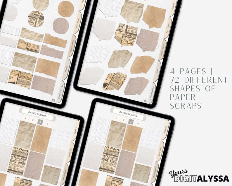 May include: Four digital pages with 72 different shapes of paper scraps in brown and beige tones. The text "PAPER SCRAPS" is at the top of each page. The text "Yours DIGITALYSSA" is at the bottom of the image.