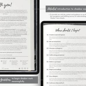 Pu&ograve; includere: Un diario digitale con il testo "Hi you!" e "Where should I begin?" sulle pagine. Il diario &egrave; progettato per il lavoro sull'ombra, con suggerimenti e linee guida per la scoperta di s&eacute; e la crescita personale. La copertina riporta il testo "Detailed introduction to shadow work".