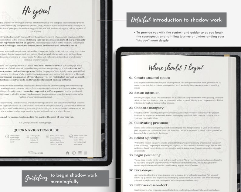 Pu&ograve; includere: Un diario digitale con il testo "Hi you!" e "Where should I begin?" sulle pagine. Il diario &egrave; progettato per il lavoro sull'ombra, con suggerimenti e linee guida per la scoperta di s&eacute; e la crescita personale. La copertina riporta il testo "Detailed introduction to shadow work".