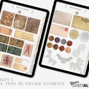 May include: Two pages of digital vintage elements for scrapbooking or digital design. The first page features stamps, tickets, and tags. The second page features lace, wax seals, and a postcard.