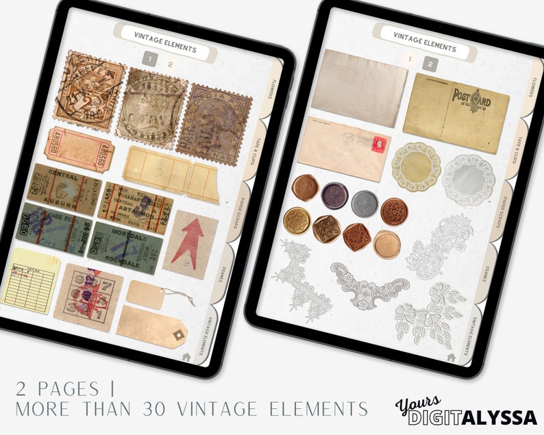 May include: Two pages of digital vintage elements for scrapbooking or digital design. The first page features stamps, tickets, and tags. The second page features lace, wax seals, and a postcard.