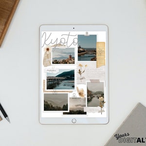 May include: A digital tablet screen displaying a collage of photos of Kyoto, Japan. The photos are arranged in a grid pattern and feature various landmarks, including temples, bridges, and gardens. The word "Kyoto" is written in a decorative font at the top of the screen. The text "Yours DIGITALLYSSA" is visible at the bottom of the screen.