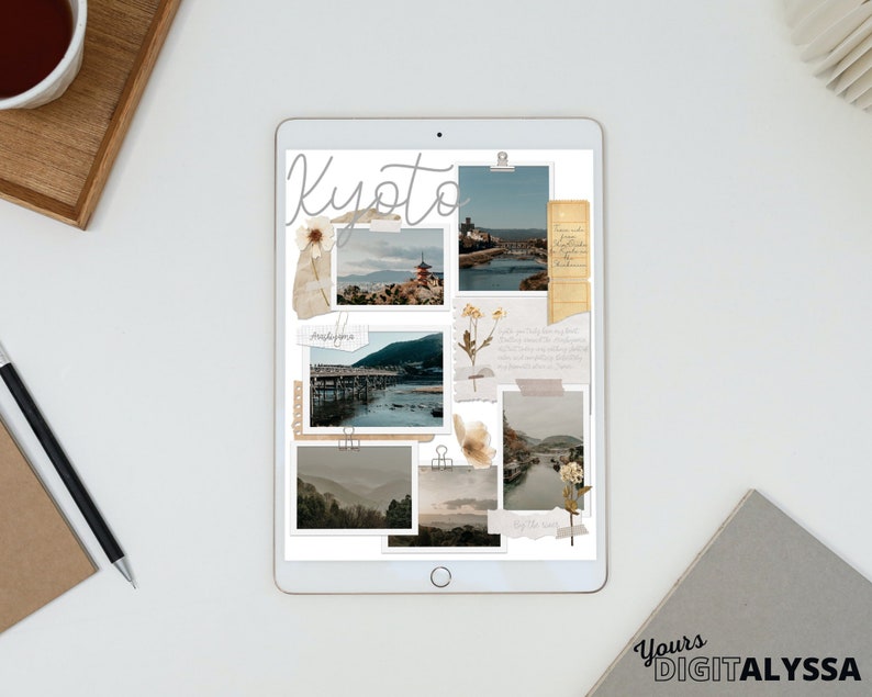 May include: A digital tablet screen displaying a collage of photos of Kyoto, Japan. The photos are arranged in a grid pattern and feature various landmarks, including temples, bridges, and gardens. The word "Kyoto" is written in a decorative font at the top of the screen. The text "Yours DIGITALLYSSA" is visible at the bottom of the screen.