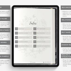 Pu&ograve; includere: Un tablet digitale che mostra l'indice di un diario di auto-aiuto. L'indice include argomenti come Emozioni, Scoperta di s&eacute; e Relazioni. La pagina presenta illustrazioni floreali e il testo "Index" in alto.