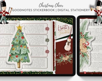 Op de afbeelding: Digitaal stickerboek voor de Goodnotes-app met een kerstthema. De omslag toont een groene kerstboom met rode en gouden kerstballen, een sneeuwpop met een rode sjaal en de tekst "Santa's favoriet" en "alles is rustig, alles is helder".