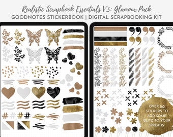 Naklejki do cyfrowego scrapbooka, realistyczne naklejki do scrapbooka, złote naklejki cyfrowe, złote naklejki na moodboard, cyfrowe naklejki do dziennika