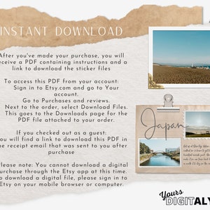 May include: A digital download instruction sheet with a tan background and gold accents. The text reads "Instant Download" and provides instructions on how to access the digital files after purchase. The image also includes a photo of a beach in Japan.