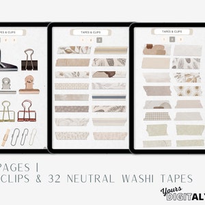 May include: Three pages of digital planner stickers featuring 32 neutral washi tapes and 15 clips. The washi tapes have various patterns including floral, geometric, and stripes. The clips are in silver, black, and gold.