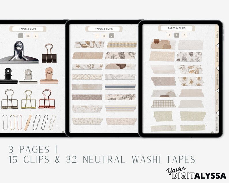 May include: Three pages of digital planner stickers featuring 32 neutral washi tapes and 15 clips. The washi tapes have various patterns including floral, geometric, and stripes. The clips are in silver, black, and gold.