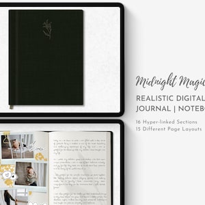 May include: A digital journal or notebook with a dark green cover and the title "Midnight Magic" in white text. The journal has 16 hyper-linked sections and 15 different page layouts.