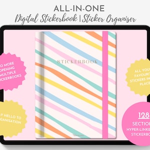 Puede incluir: Un libro de pegatinas digital con una portada a rayas rosa, amarilla, azul y naranja. La portada dice "Stickerbook". El libro tiene 128 secciones y es un PDF hipervinculado.