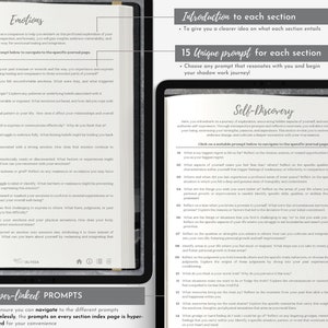 Pu&ograve; includere: Un diario aperto intitolato "Emotions" e "Self-Discovery" mostra i suggerimenti. Le pagine sono piene di testo, con l'angolo in alto a destra che evidenzia "Introduzione a ogni sezione" e "15 suggerimenti unici per ogni sezione."