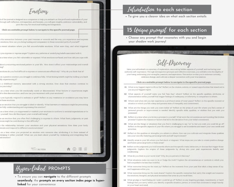 Pu&ograve; includere: Un diario aperto intitolato "Emotions" e "Self-Discovery" mostra i suggerimenti. Le pagine sono piene di testo, con l'angolo in alto a destra che evidenzia "Introduzione a ogni sezione" e "15 suggerimenti unici per ogni sezione."