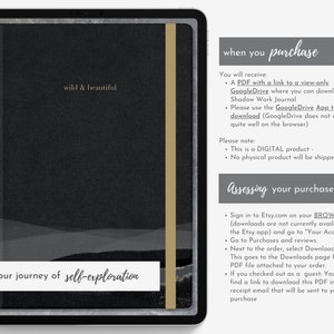 Pu&ograve; includere: Un diario digitale visualizzato su un tablet. La copertina nera del diario presenta le parole "wild & beautiful" in oro, con una striscia verticale dorata. &Egrave; visibile anche il testo "begin your journey of self-exploration".