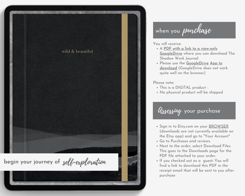 Pu&ograve; includere: Un diario digitale visualizzato su un tablet. La copertina nera del diario presenta le parole "wild & beautiful" in oro, con una striscia verticale dorata. &Egrave; visibile anche il testo "begin your journey of self-exploration".