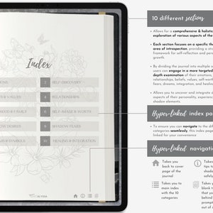 Pu&ograve; includere: Diario digitale visualizzato su un tablet, con un indice che include sezioni come Emozioni e Scoperta di s&eacute;. Il diario offre navigazione ipertestuale e informazioni dettagliate, progettato per l'autoriflessione e la crescita personale.