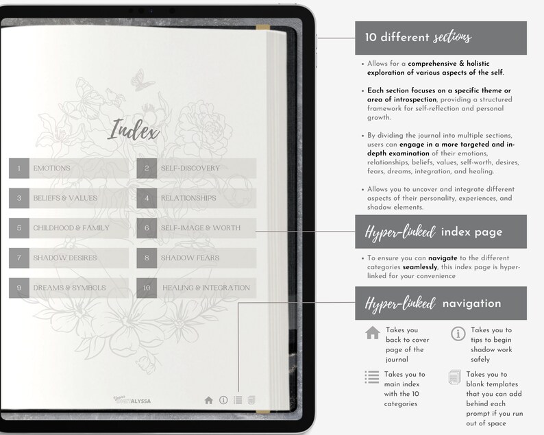 Pu&ograve; includere: Diario digitale visualizzato su un tablet, con un indice che include sezioni come Emozioni e Scoperta di s&eacute;. Il diario offre navigazione ipertestuale e informazioni dettagliate, progettato per l'autoriflessione e la crescita personale.