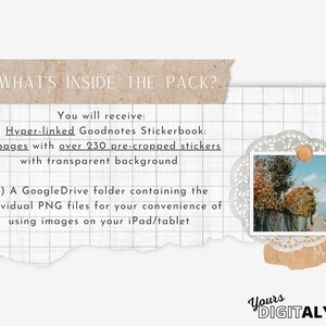 May include: A digital sticker pack for Goodnotes, featuring 14 pages with over 230 pre-cropped stickers. The stickers have transparent backgrounds and are hyperlinked for easy use. The pack also includes a Google Drive folder with individual PNG files for use on iPads and tablets.