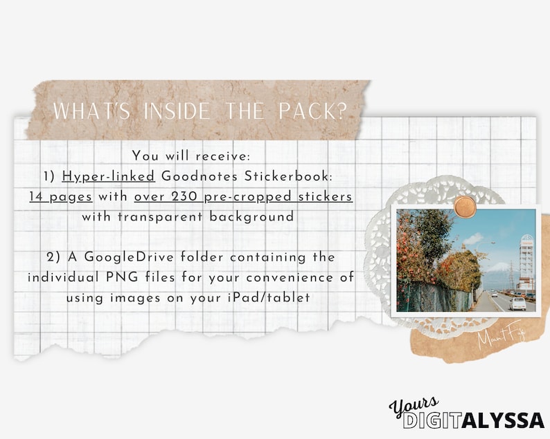 May include: A digital sticker pack for Goodnotes, featuring 14 pages with over 230 pre-cropped stickers. The stickers have transparent backgrounds and are hyperlinked for easy use. The pack also includes a Google Drive folder with individual PNG files for use on iPads and tablets.