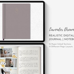 May include: A digital journal with a lavender-coloured cover. The cover has a subtle texture and a small heart design. The journal is open to a page with handwritten text and photos. The text reads "Lavender Dreams Realistic Digital Journal | Notebook 16 Hyper-linked Sections 15 Different Page Layouts".
