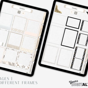 May include: Two pages of digital planner frames with 20 different designs. The frames are in a variety of styles, including film strip, geometric, and floral. The frames are perfect for adding a touch of personality to your planner.