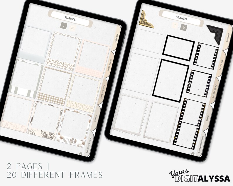 May include: Two pages of digital planner frames with 20 different designs. The frames are in a variety of styles, including film strip, geometric, and floral. The frames are perfect for adding a touch of personality to your planner.