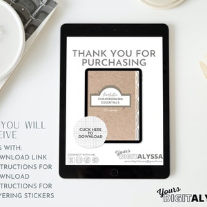 May include: A digital download for a realistic scrapbooking essentials kit. The image shows a tablet screen displaying a brown paper notebook with the text "Realistic Scrapbooking Essentials" and a button that says "Click Here to Download".