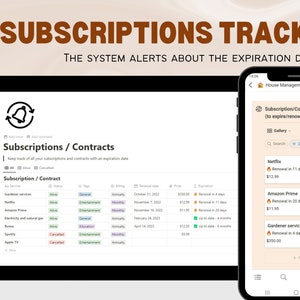Subscription Status Notion Template, Home Organizer, Contracts Tracker, Subscription expiration or renovation control, Subscriptions Planner