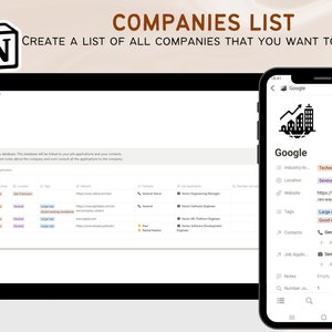 May include: A screenshot of a computer screen displaying a list of companies. The list is presented in a table format with columns for company name, industry, location, website, tags, and notes. The company "Google" is highlighted in the list and a separate window provides further details about the company, including its website, location, and tags.