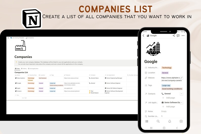 May include: A screenshot of a computer screen displaying a list of companies. The list is presented in a table format with columns for company name, industry, location, website, tags, and notes. The company "Google" is highlighted in the list and a separate window provides further details about the company, including its website, location, and tags.