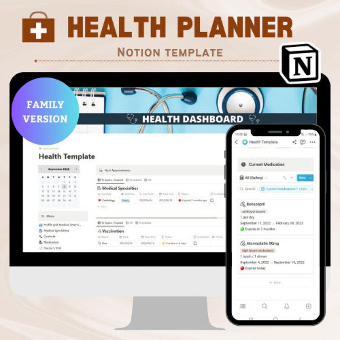 Health Editable Frame Health Planner Family Version Dashboard Notion Template, Health ...