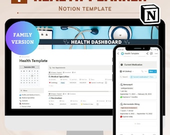 Modelo de noção de painel de versão familiar para planejador de saúde, planejador de rastreador editável de saúde, organizador de consulta médica para família