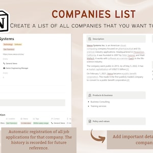 May include: A screenshot of a webpage displaying a list of companies. The page is titled "Companies List" and features a section for "Veeva Systems" with information about the company, including its industry, location, website, and job application details. The page also includes sections for "Notes" and "Information" with details about the company's size and income.