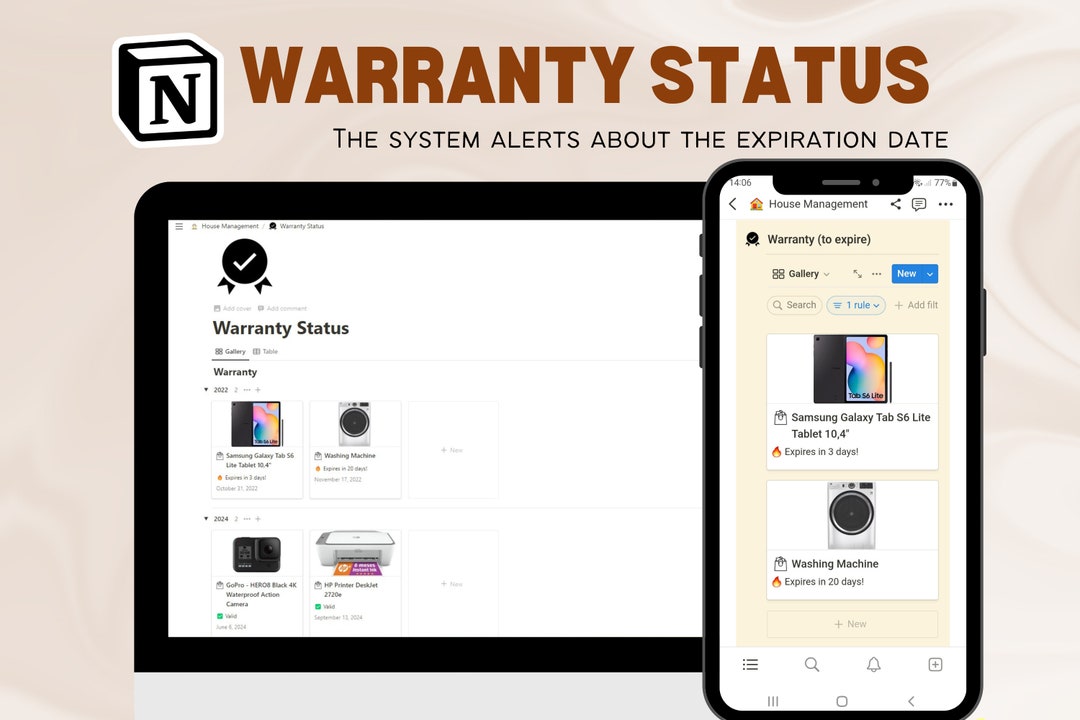 Warranty Status Notion Template, Home Organizer, Warranty Tracker