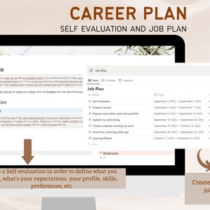 May include: A computer screen displaying a career plan template with the title "Career Plan: Self Evaluation and Job Plan". The template includes sections for self-evaluation and a job plan with a timeline and goals.