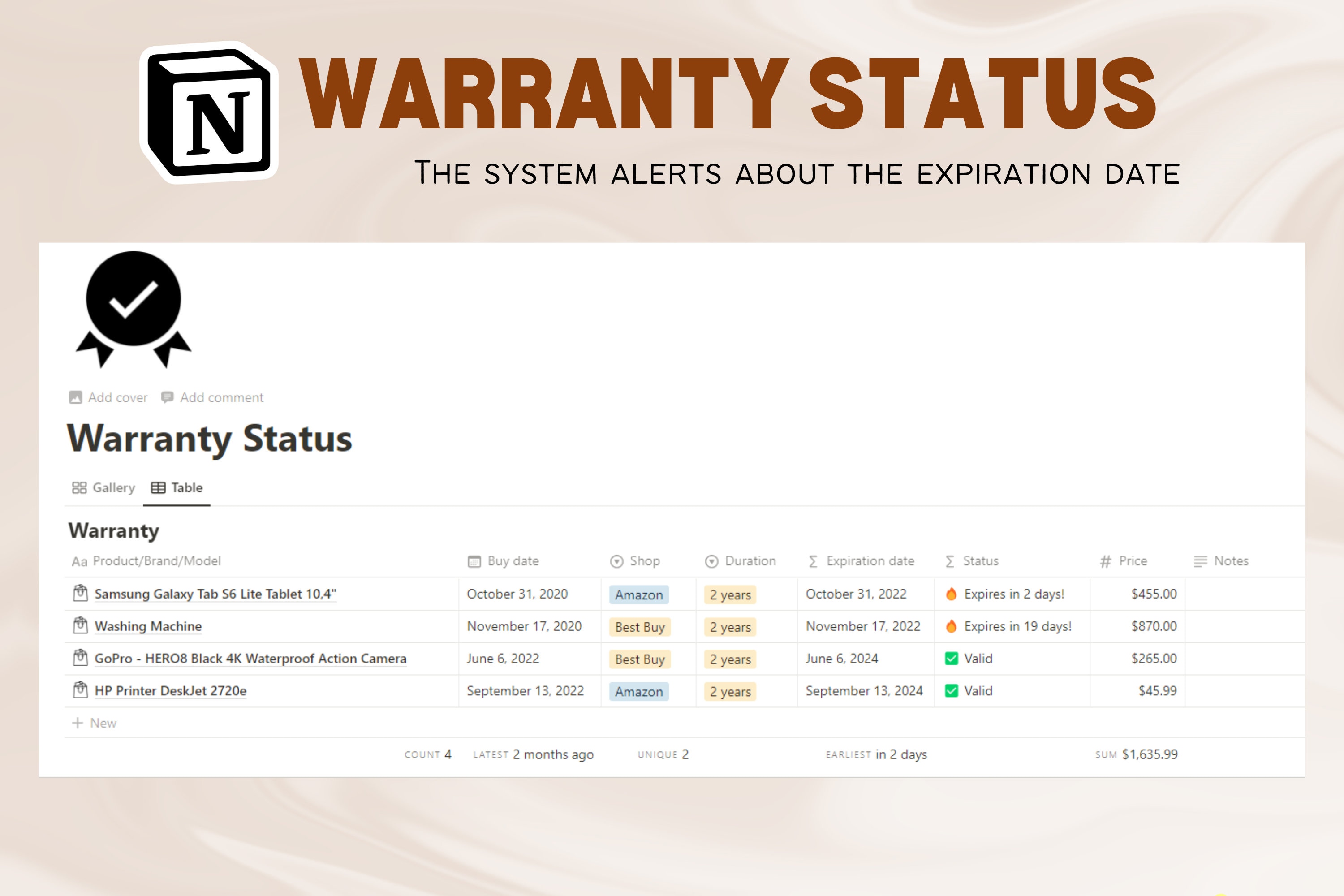 Warranty Status Notion Template, Home Organizer, Warranty Tracker