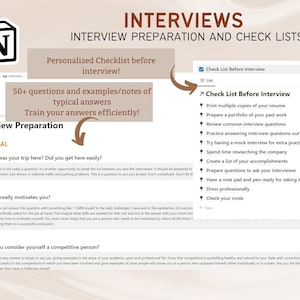 May include: A checklist for interview preparation with a list of things to do before an interview, such as print multiple copies of your CV, prepare a portfolio of your past work, review common interview questions, practise answering interview questions out loud, try having a mock interview for extra practice, spend time researching the company, create a list of your accomplishments, prepare questions to ask your interviewer, have a notepad and pen ready for taking notes, dress professionally, and check your route.